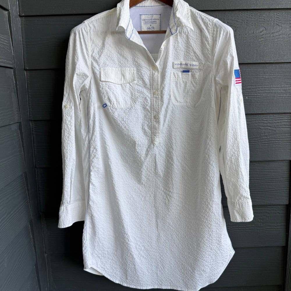 Vineyard Vines Performance Fishing Shirt White Flag Vented Women's Size 8